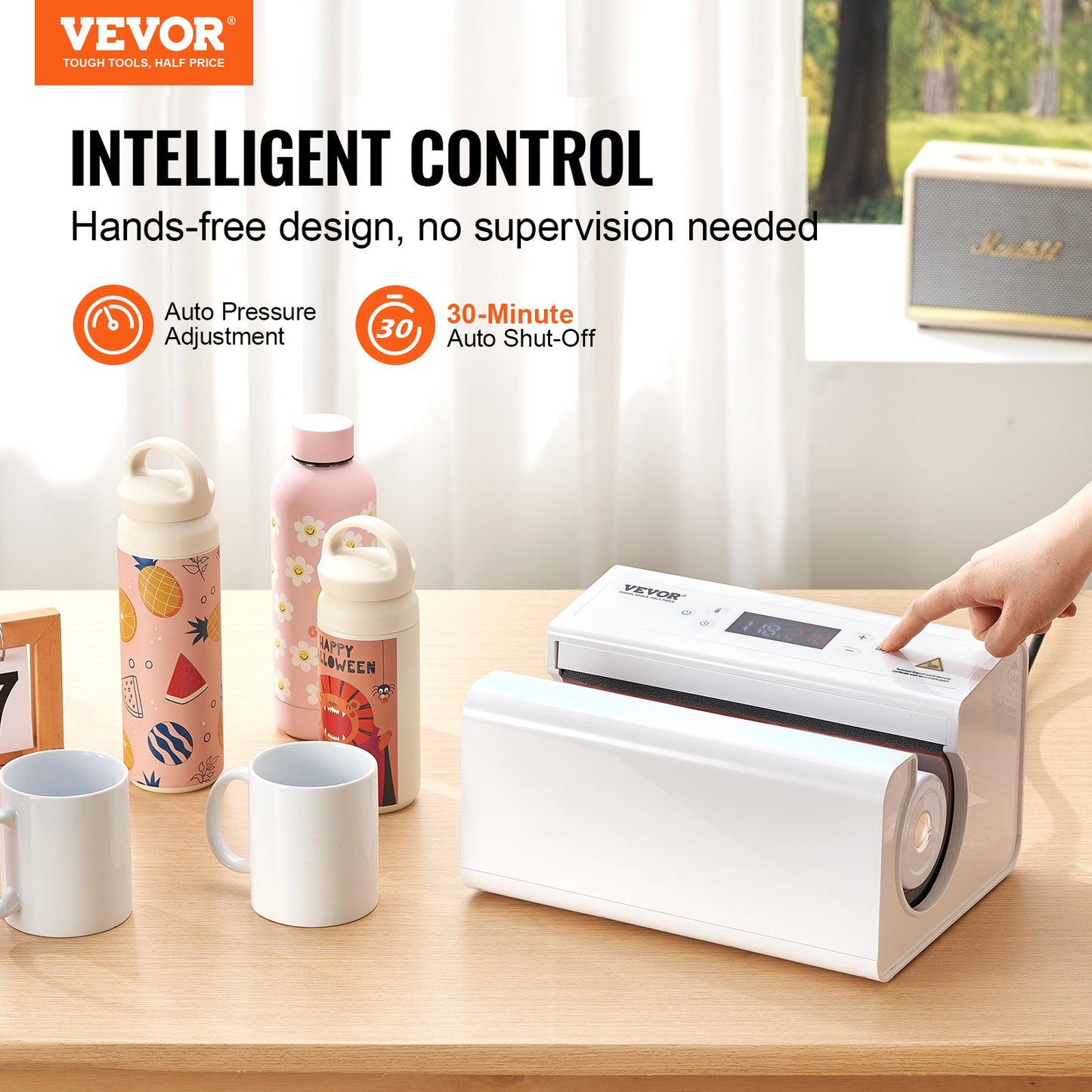 Auto Tumbler Heat Press Machine, Mug Heat Press for 11-30oz Sublimation Tumblers, Heat Up Fast and Even, Tumbler Press with Tape and Glove, Temp and Time Setting, for Tumblers, Cups, Mugs, White