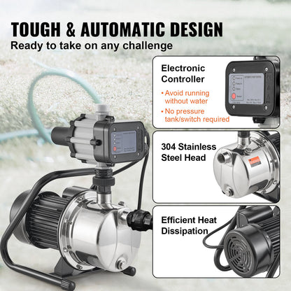 Shallow Well Pump, 1HP 115V, 1200 GPH 145 ft Head, Portable Stainless Steel Sprinkler Booster Jet Pumps with Automatic Controller for Garden Lawn Irrigation system, Water Transfer