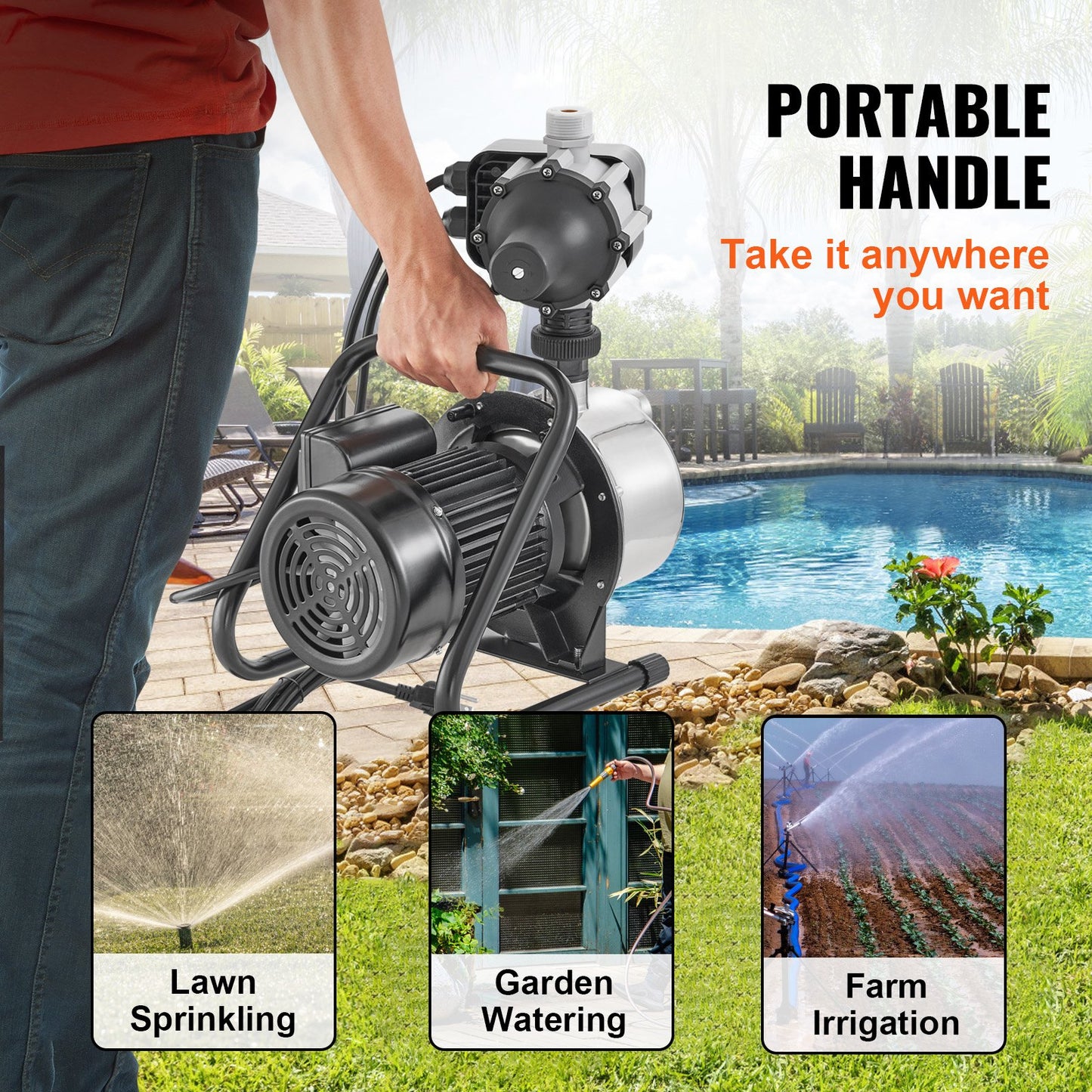 Shallow Well Pump, 1HP 115V, 1200 GPH 145 ft Head, Portable Stainless Steel Sprinkler Booster Jet Pumps with Automatic Controller for Garden Lawn Irrigation system, Water Transfer