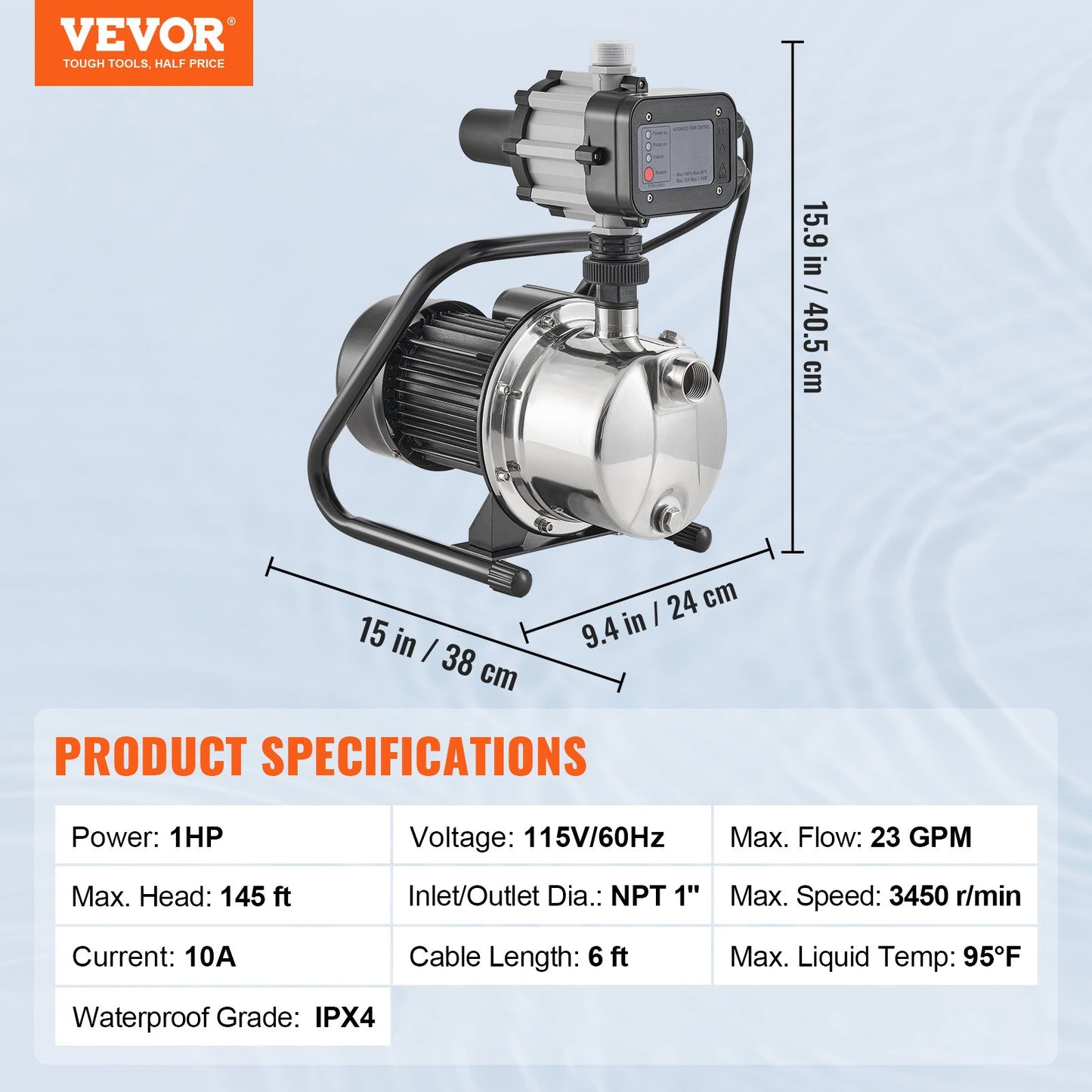 Shallow Well Pump, 1HP 115V, 1200 GPH 145 ft Head, Portable Stainless Steel Sprinkler Booster Jet Pumps with Automatic Controller for Garden Lawn Irrigation system, Water Transfer