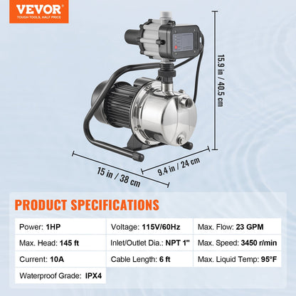 Shallow Well Pump, 1HP 115V, 1200 GPH 145 ft Head, Portable Stainless Steel Sprinkler Booster Jet Pumps with Automatic Controller for Garden Lawn Irrigation system, Water Transfer