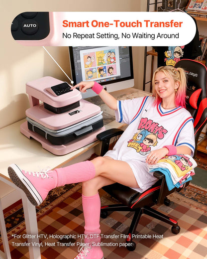 Auto Heat Press Machine, 15 x 15 inch, T-Shirt Press Machine with Auto Release and Adjustable Pressure, Digital Display, Rapid Heating, for Sublimation, Vinyl, Heat Transfer Projects, Pink