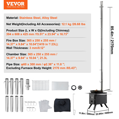 Wood Stove, 86 inch, Alloy Steel Camping Tent Stove, Portable Wood Burning Stove with Chimney Pipes & Gloves, 1400in³Firebox Hot Tent Stove for Outdoor Cooking and Heating with 8 Pipes