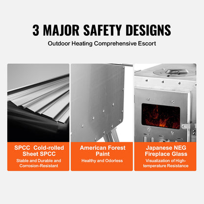 Holzofen, 86 Zoll, Edelstahl-Campingzeltofen, tragbarer Holzofen mit Kaminrohr und Handschuhen, 3000-Zoll-Feuerbox-Heißzeltofen zum Kochen und Heizen im Freien mit 8 Rohren
