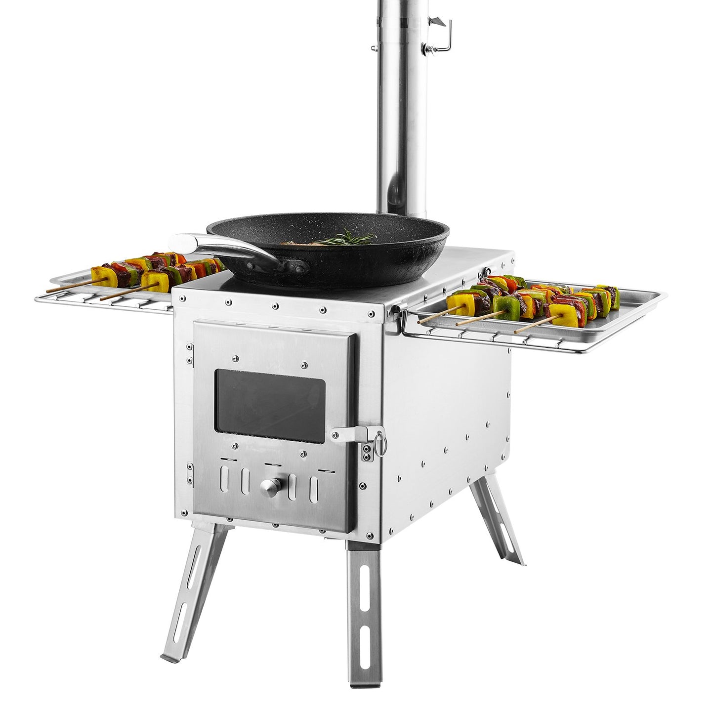 Holzofen, 86 Zoll, Edelstahl-Campingzeltofen, tragbarer Holzofen mit Kaminrohr und Handschuhen, 3000-Zoll-Feuerbox-Heißzeltofen zum Kochen und Heizen im Freien mit 8 Rohren