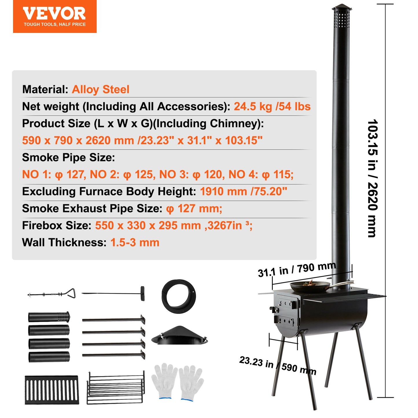 Wood Stove, 118 inch, Alloy Steel Camping Tent Stove, Portable Wood Burning Stove with Chimney Pipes & Gloves, 3000in³Firebox Hot Tent Stove for Outdoor Cooking and Heating with 8 Pipes