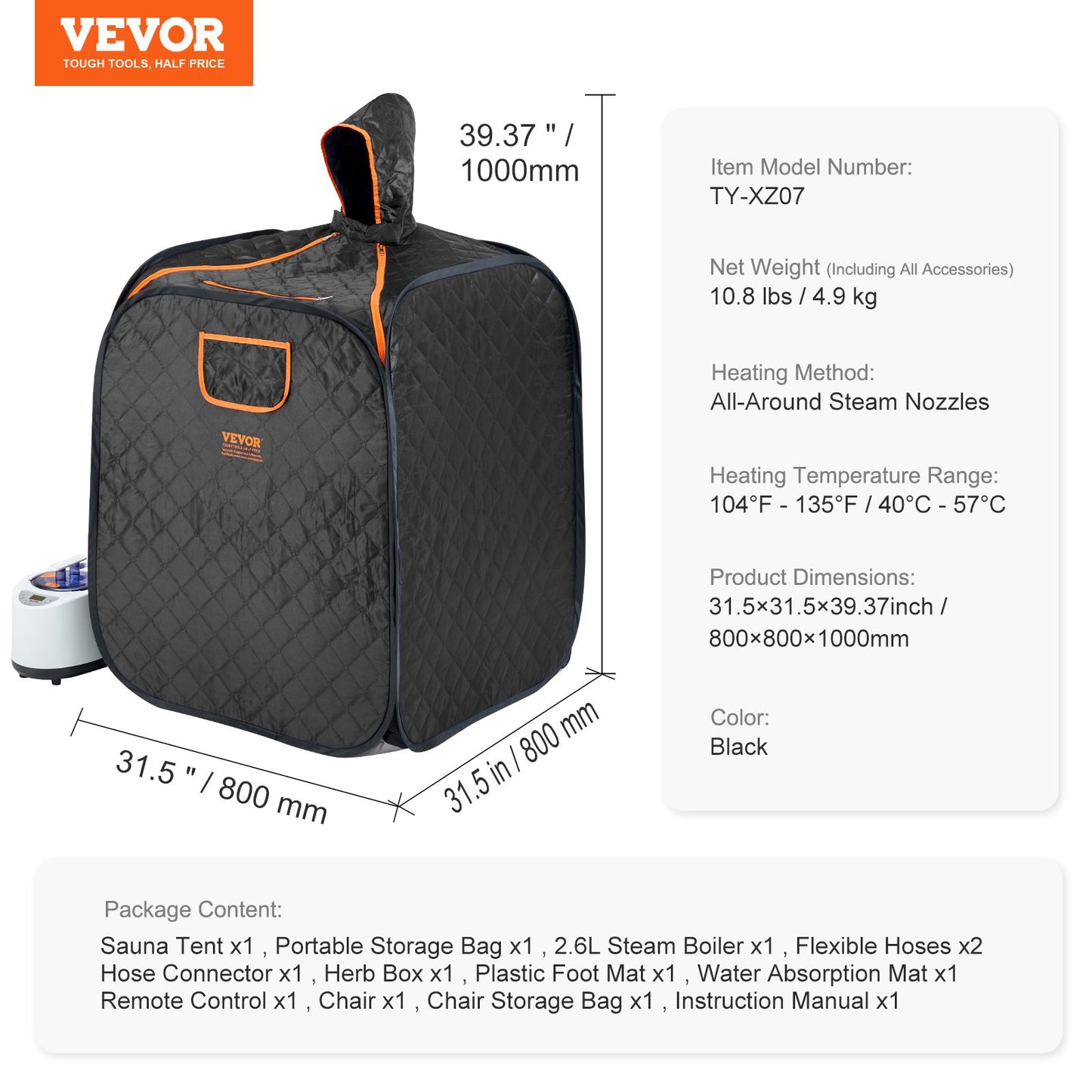 Portable Personal Steam Sauna Spa Tent with 1200 Watt Steam Generator, with Chair & Storage Bag, Home Therapeutic Sauna Blanket for Detox Relaxation, Time & Temperature Remote Control, Black