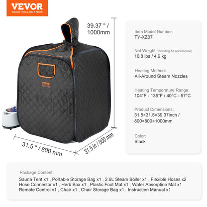 Portable Personal Steam Sauna Spa Tent with 1200 Watt Steam Generator, with Chair & Storage Bag, Home Therapeutic Sauna Blanket for Detox Relaxation, Time & Temperature Remote Control, Black