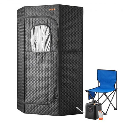 Upgraded Portable Steam Sauna for Home, 1 Person Full Body Home Spa Tent with Steamer & 1 Foldable Chairs & Remote & Essential Oil Box,Heavy-Duty Stainless Steel Sauna Box, (Black,Pentagon)