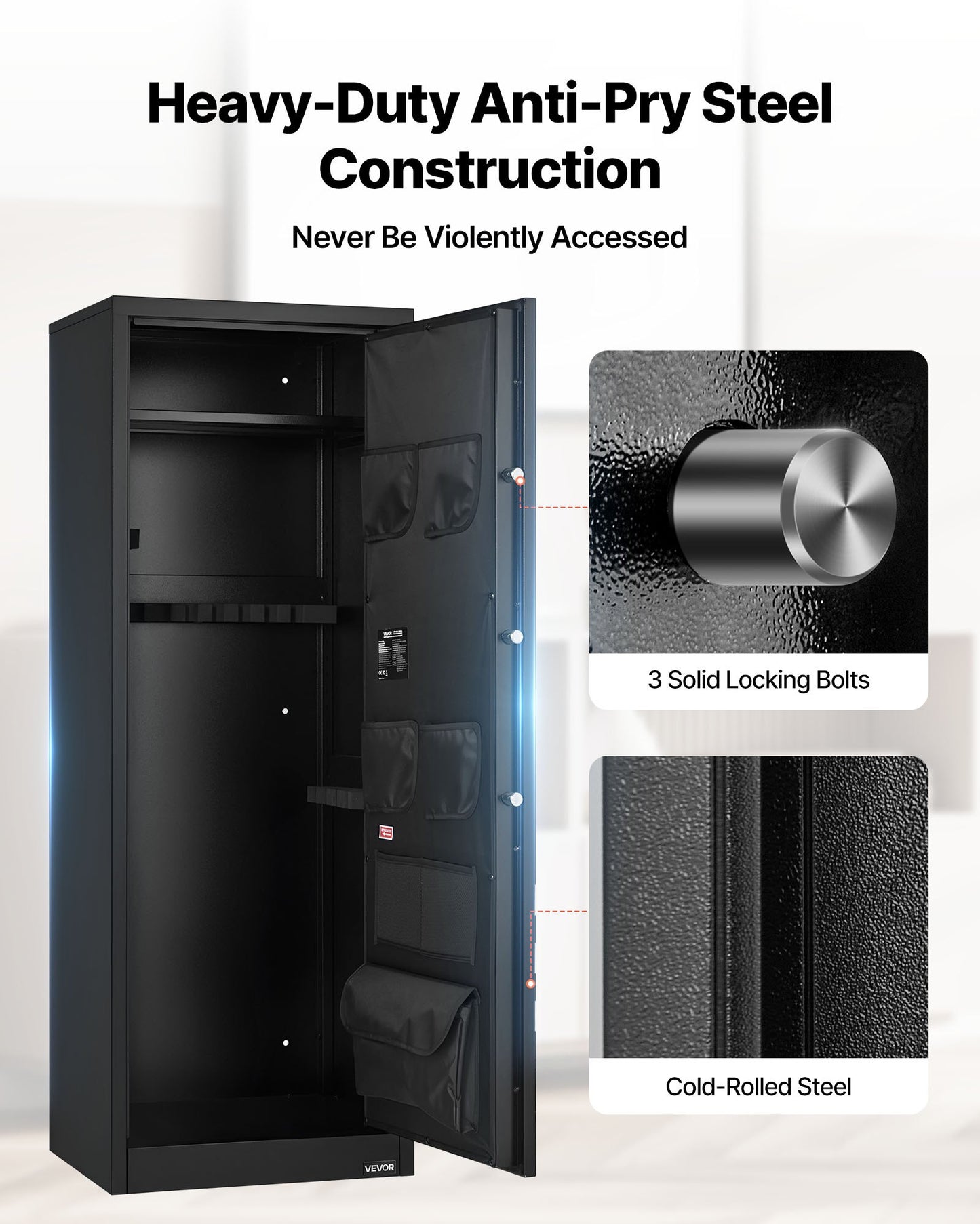 10-12 Gun Safe, Long Gun Cabinet for Rifles and Pistols, Quick Access Rifle Safe with 4 Pistol Pockets and 3 Adjustable Racks, Large Digital Cabinet with Key and Password Lock