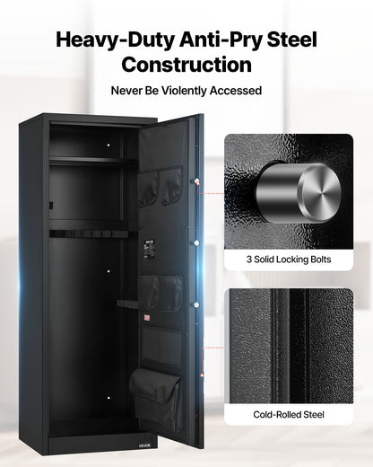 10-12 Gun Safe, Long Gun Cabinet for Rifles and Pistols, Quick Access Rifle Safe with 4 Pistol Pockets and 3 Adjustable Racks, Large Digital Cabinet with Key and Password Lock