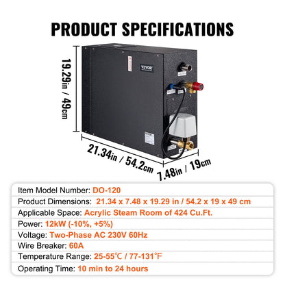12KW Steam Shower Generator, Segmented Heating & Temperature Customization & 24h Timer Steam Kit, Automatic Drainage Home Steam Shower System Tested to UL Standards