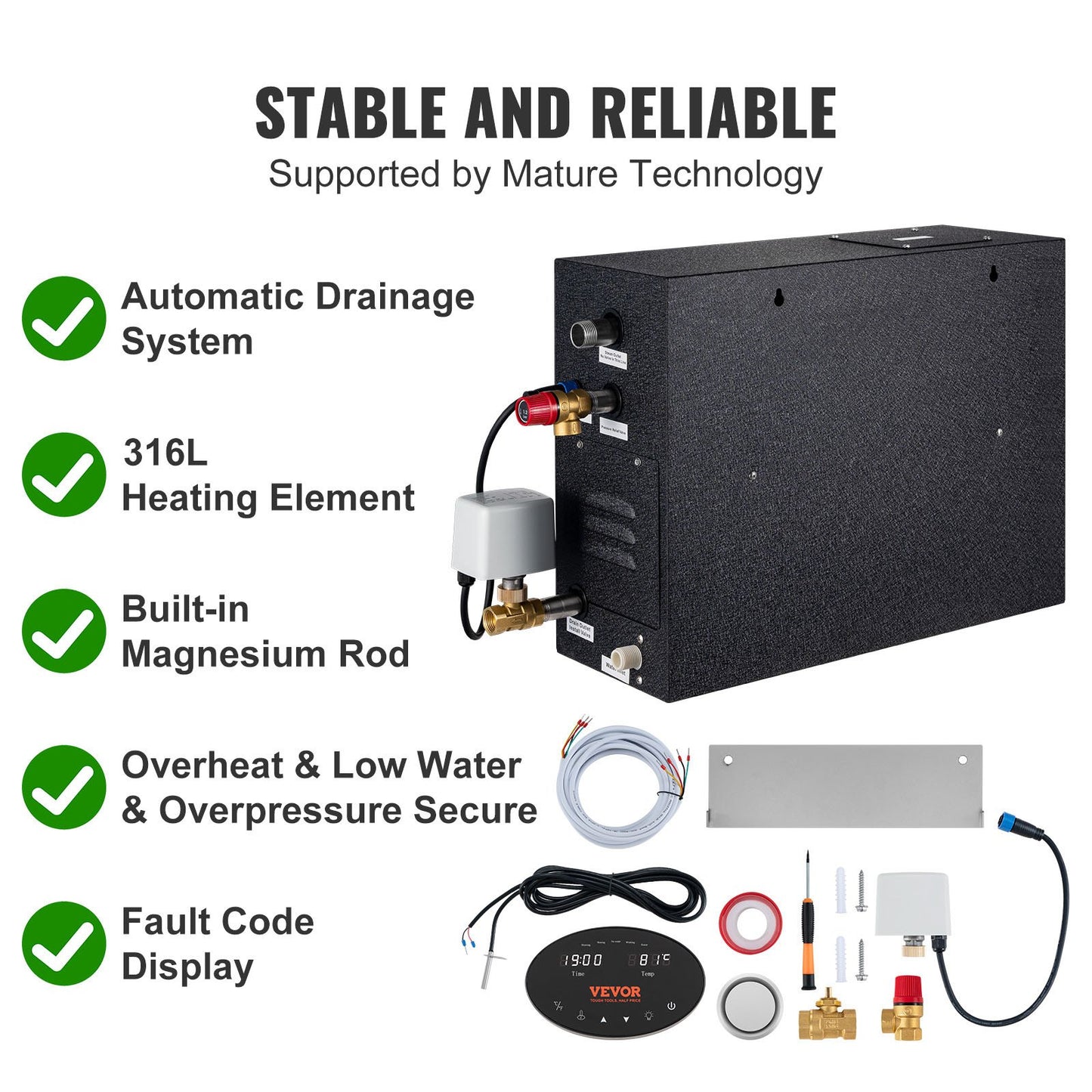 Steam Shower Generator, 15 kW, Segmented Heating & Temperature Customization & 24h Timer Steam Bath Kit, Automatic Drainage Luxury Home Steam Shower System, Acrylic Room Max. 530 Cu. Ft.