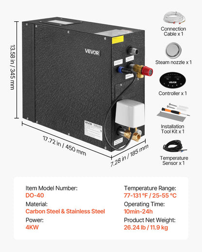 Steam Generator, 4 kW Steam Shower System with Controller for Home Sauna Bath Spa, Commercial Auto Drain Kit with Overheat, Dry-Run & Overpressure Protection, 10 Min to 24h Efficient, Black