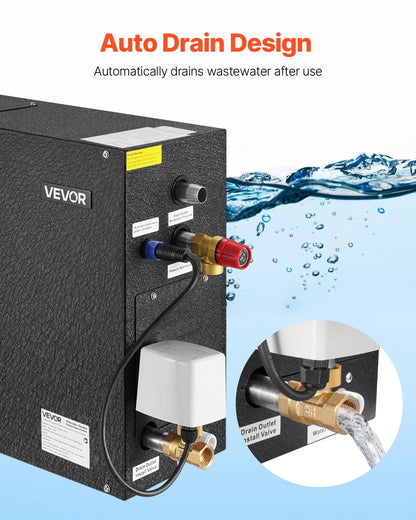 Steam Generator, 6 kW Steam Shower System with Controller for Home Sauna Bath Spa, Commercial Auto Drain Kit with Overheat, Dry-Run & Overpressure Protection, 10 Min to 24h Efficient, Black