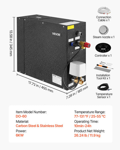 Steam Generator, 6 kW Steam Shower System with Controller for Home Sauna Bath Spa, Commercial Auto Drain Kit with Overheat, Dry-Run & Overpressure Protection, 10 Min to 24h Efficient, Black