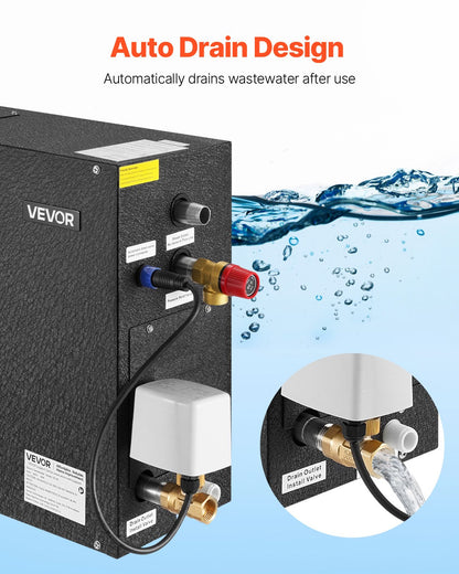Steam Generator, 9 kW Steam Shower System with Controller for Home Sauna Bath Spa, Commercial Auto Drain Kit with Overheat, Dry-Run & Overpressure Protection, 10 Min to 24h Efficient, Black