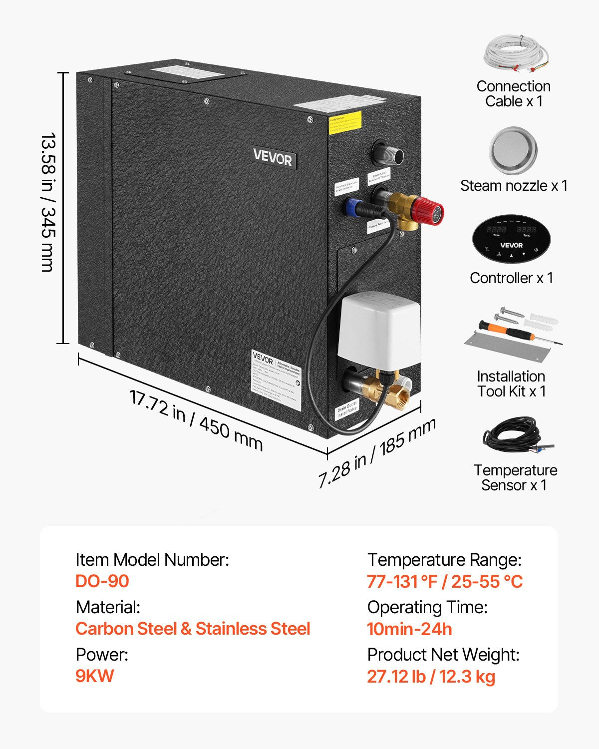 Steam Generator, 9 kW Steam Shower System with Controller for Home Sauna Bath Spa, Commercial Auto Drain Kit with Overheat, Dry-Run & Overpressure Protection, 10 Min to 24h Efficient, Black
