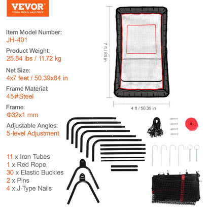 Lacrosse-Rebounder für den Garten, 4 x 7 Fuß Volleyball-Bounce-Back-Netz, Pitchback-Throwback-Baseball-Softball-Return-Trainingswand, Schießübungs-Trainingswand mit einstellbarem Winkel und Tor