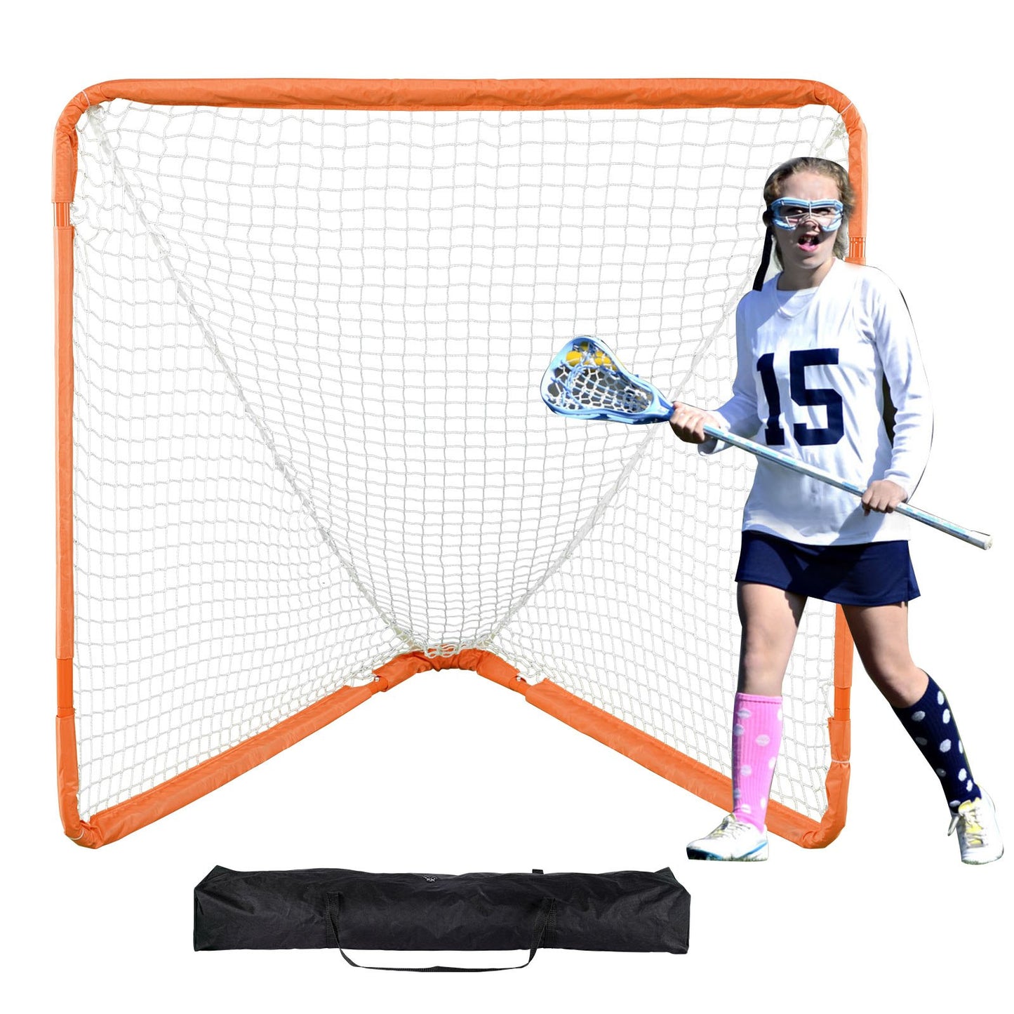 Lacrosse Goal, 4' x 4' Small Kids Lacrosse Net, Folding Portable Lacrosse Goal med bärväska, Iron Frame Backyard Training Utrustning, Snabb och enkel installation, Perfekt för ungdomsträning, Orange