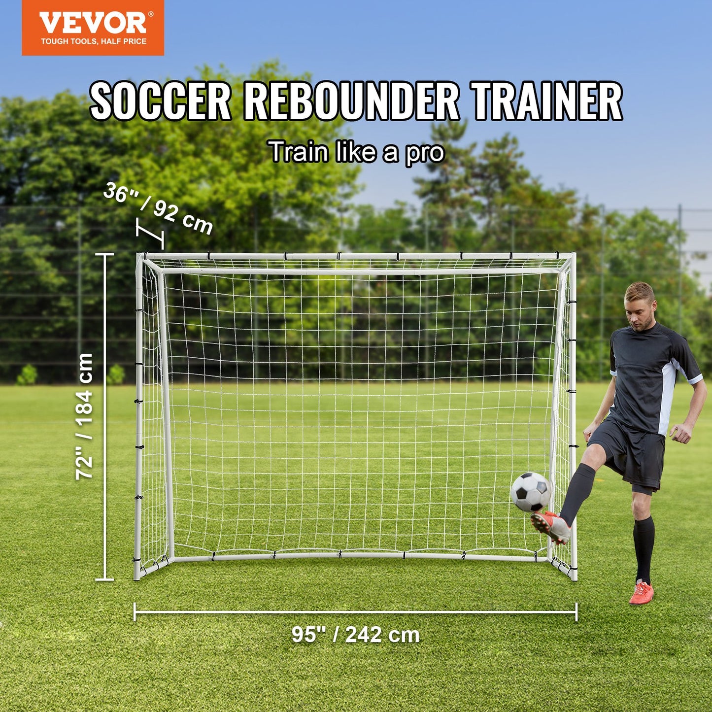 Fußball-Rebound-Trainer, 2,44 x 1,83 m großes Fußball-Trainingsgerät aus Eisen, Sport-Fußball-Rebounder-Wand mit doppelseitigem Sprungnetz und Tor, perfekt für Hinterhof-Training, Solo-Training, Passen