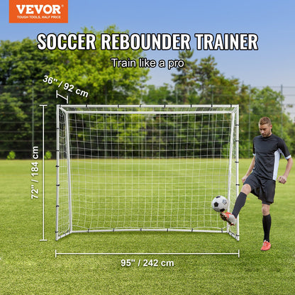Fußball-Rebound-Trainer, 2,44 x 1,83 m großes Fußball-Trainingsgerät aus Eisen, Sport-Fußball-Rebounder-Wand mit doppelseitigem Sprungnetz und Tor, perfekt für Hinterhof-Training, Solo-Training, Passen