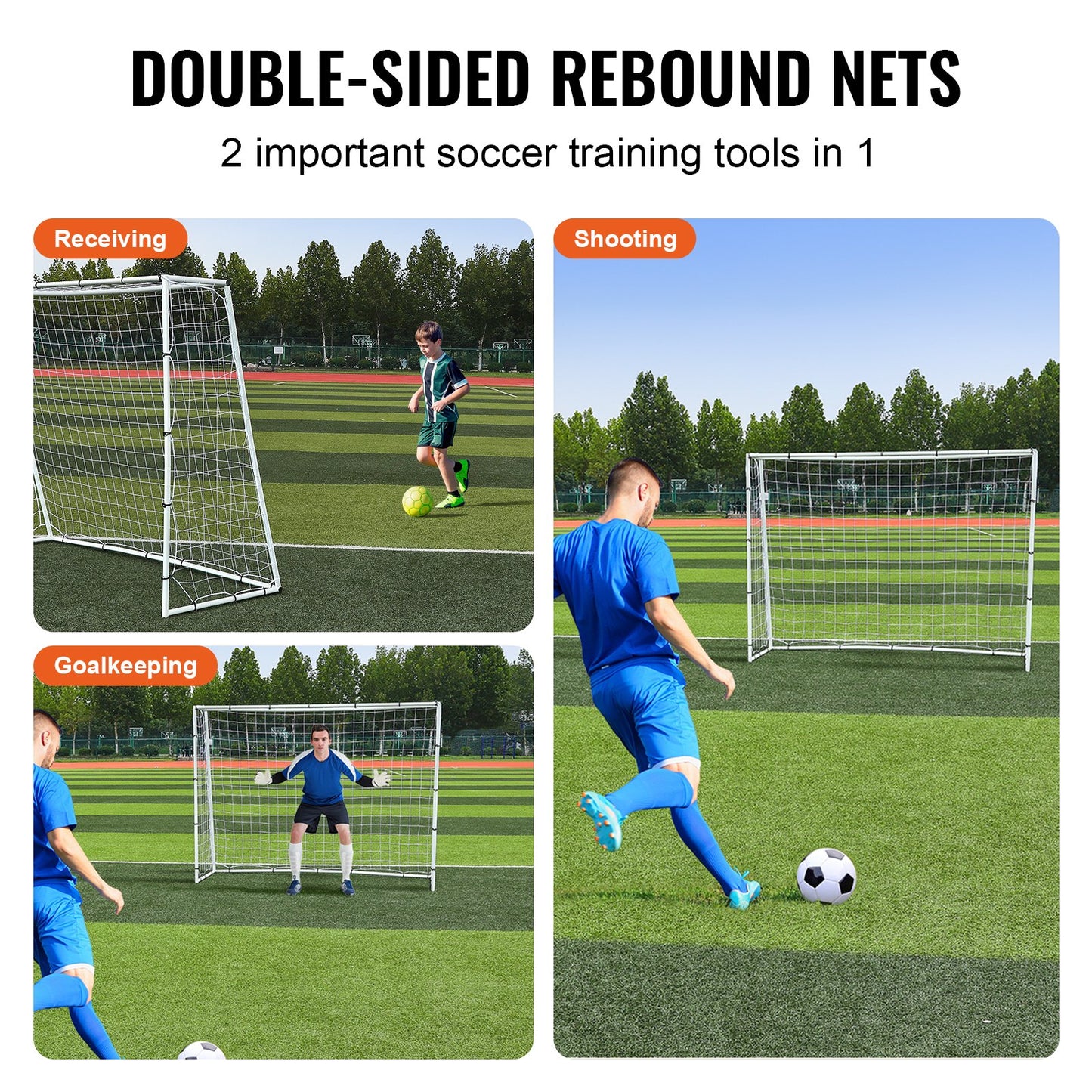 Fußball-Rebound-Trainer, 2,44 x 1,83 m großes Fußball-Trainingsgerät aus Eisen, Sport-Fußball-Rebounder-Wand mit doppelseitigem Sprungnetz und Tor, perfekt für Hinterhof-Training, Solo-Training, Passen