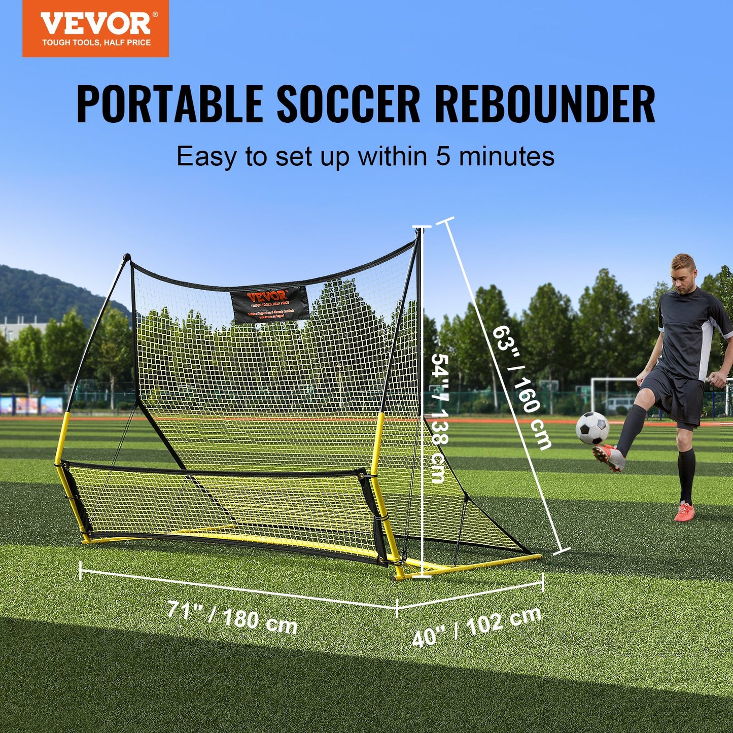 Soccer Trainer, 2-IN-1 Portable Soccer Rebounder Net, 72"x51" Iron Soccer Training Equipment, Sports Soccer Rebounder Wall with Portable Bag, Perfect for Team Solo Training, Passing, Volley