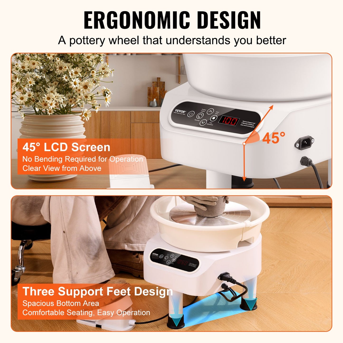 Pottery Wheel, 10 inch Pottery Forming Machine, Direct Drive Ceramic Wheel with 3 Support Legs for DIY Art Craft, 350W Electric Wheel for Pottery with Foot Pedal and LCD Touch Screen, White