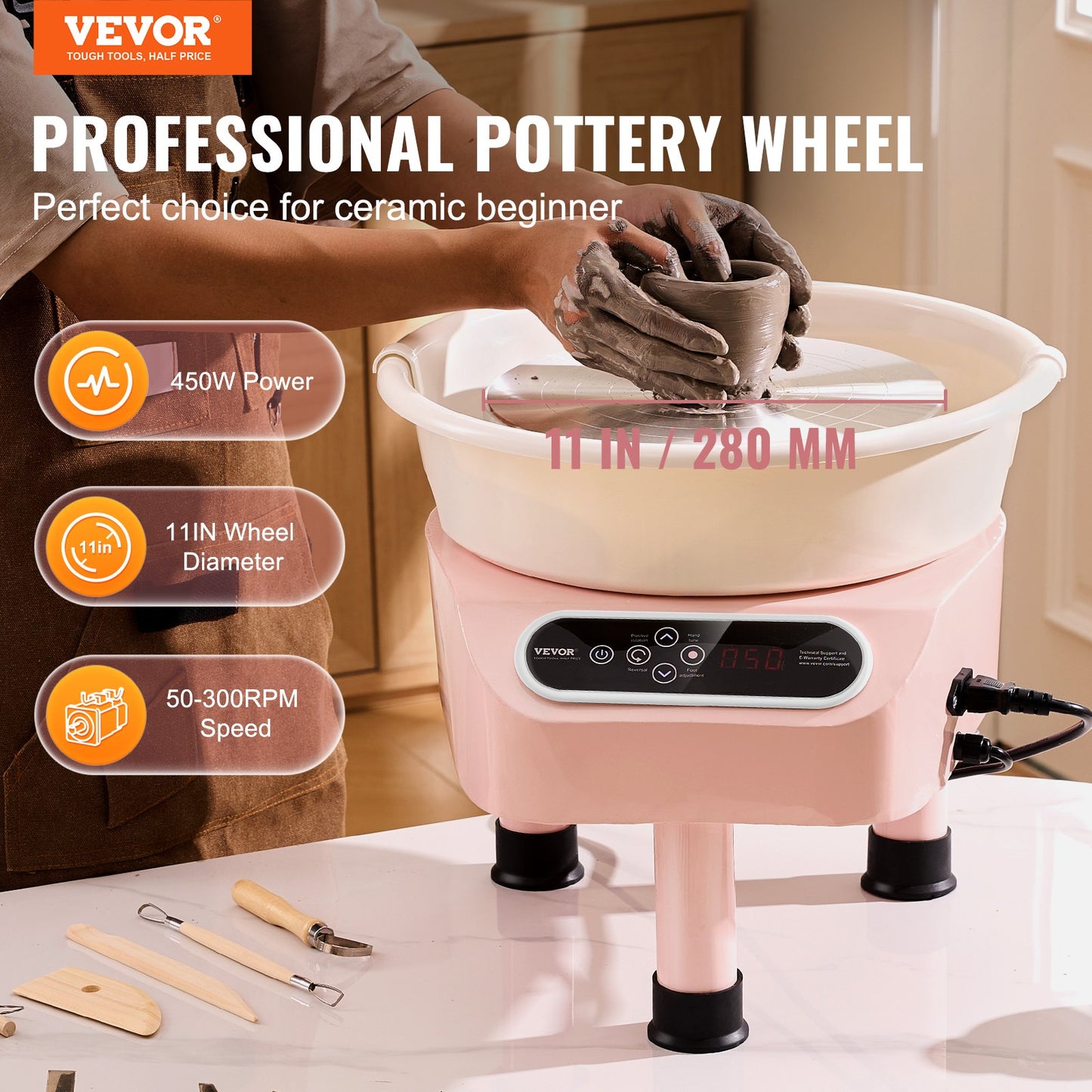 Pottery Wheel, 11 inch Pottery Forming Machine, Direct Drive Ceramic Wheel with 3 Support Legs for DIY Art Craft, 450W Electric Wheel for Pottery with Foot Pedal and LCD Touch Screen, Pink