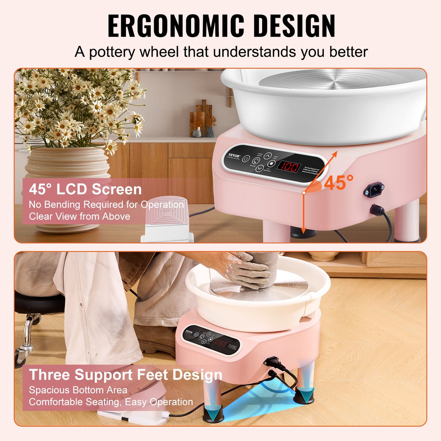 Pottery Wheel, 11 inch Pottery Forming Machine, Direct Drive Ceramic Wheel with 3 Support Legs for DIY Art Craft, 450W Electric Wheel for Pottery with Foot Pedal and LCD Touch Screen, Pink