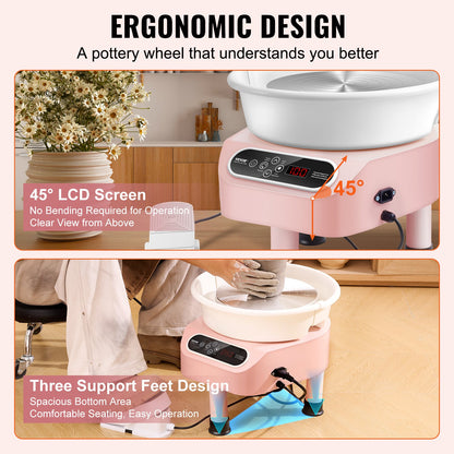 Pottery Wheel, 11 inch Pottery Forming Machine, Direct Drive Ceramic Wheel with 3 Support Legs for DIY Art Craft, 450W Electric Wheel for Pottery with Foot Pedal and LCD Touch Screen, Pink