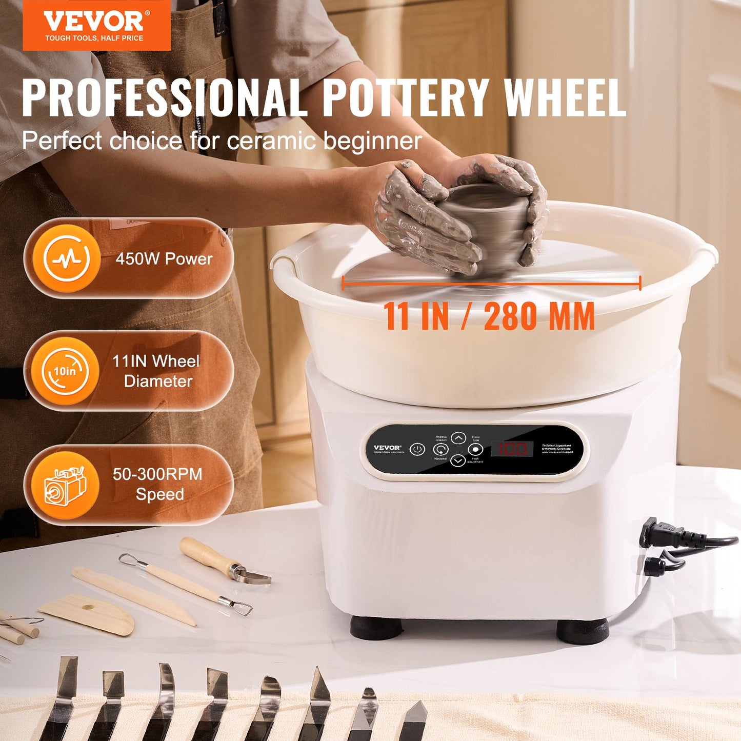 Pottery Wheel, Direct Drive Ceramic Wheel with Shaping Tools for DIY Art Craft, 11 inch Pottery Forming Machine, 450W Electric Wheel for Pottery with Foot Pedal and LCD Touch Screen, White