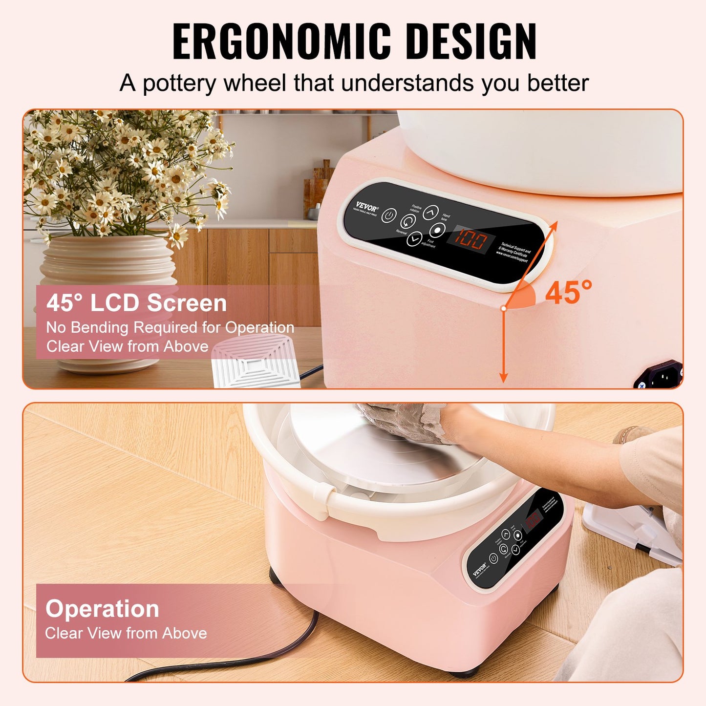 Pottery Wheel, 11 inch Pottery Forming Machine, 450W Electric Wheel for Pottery with Foot Pedal and LCD Touch Screen, Direct Drive Ceramic Wheel with Shaping Tools for DIY Art Craft, Pink