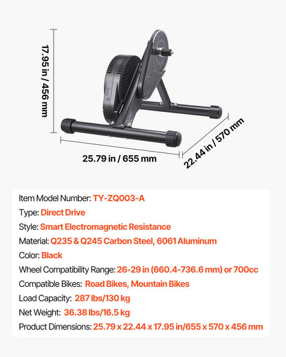 Bike Trainer, 1-13 Level, 26-29 in & 700C Wheels, Smart Bicycle Stationary Stand for Indoor Exercise Riding with Front Wheel Riser Block, Fits Road and Mountain Bikes, Compatible with Zwift App