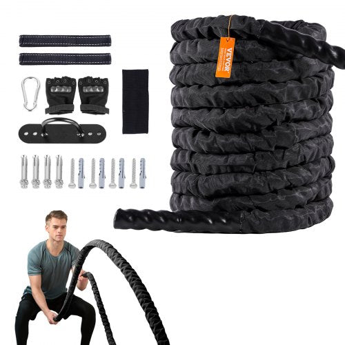 Battle Rope, 1.5 Inch Diameter 30Ft Length Polyester Exercise Rope, Battle Exercise Equipment with Protective Sleeve & Anchor, Heavy Weighted Rope for Home Gym Workout Core Strength Training