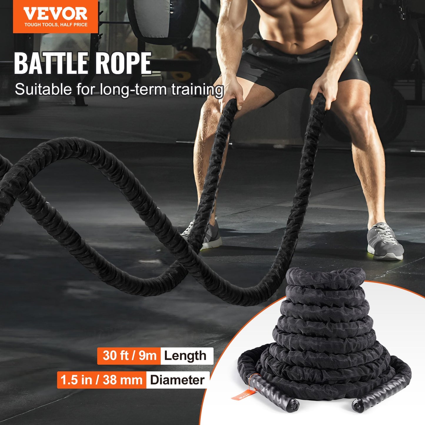 Battle Rope, 1.5 Inch Diameter 30Ft Length Polyester Exercise Rope, Battle Exercise Equipment with Protective Sleeve & Anchor, Heavy Weighted Rope for Home Gym Workout Core Strength Training