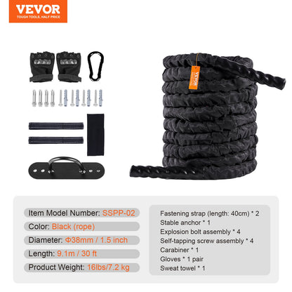 Battle Rope, 1.5 Inch Diameter 30Ft Length Polyester Exercise Rope, Battle Exercise Equipment with Protective Sleeve & Anchor, Heavy Weighted Rope for Home Gym Workout Core Strength Training