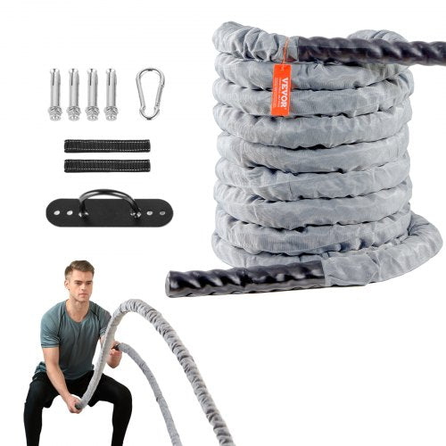Battle Rope, 1.5 Inch Diameter 30Ft Length Polyester Exercise Rope, Battle Exercise Equipment with Protect Sleeve & Anchor, Heavy Weighted Rope for Home Gym Workout Core Strength Training, Gray
