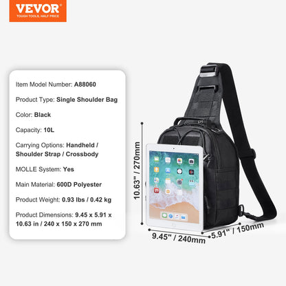 Taktische Schultertasche 10L Military Rover Schulter-Sling-Rucksack Schwarz