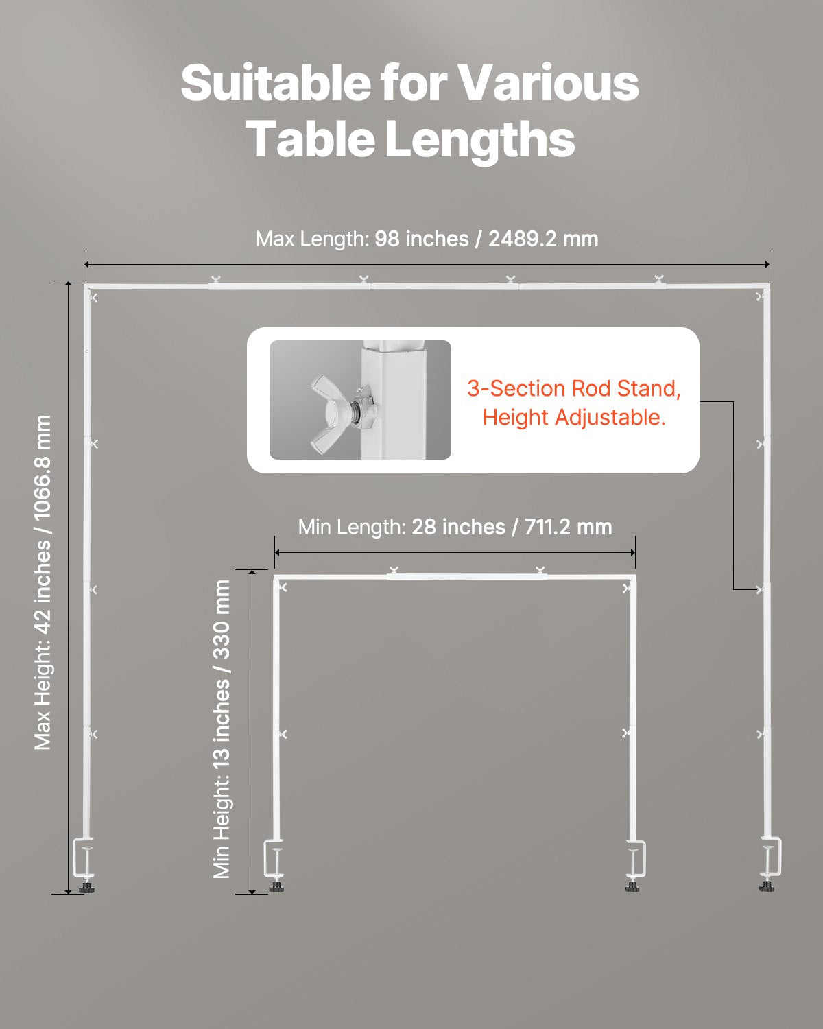 Over The Table Rod Stand with Clamps, 13"-42'' Tall & 28"-98" Length Adjustable, Metal Table Arch Stand, Tabletop Balloon Arch Frame for Wedding Birthday Party Christmas Decorations, White