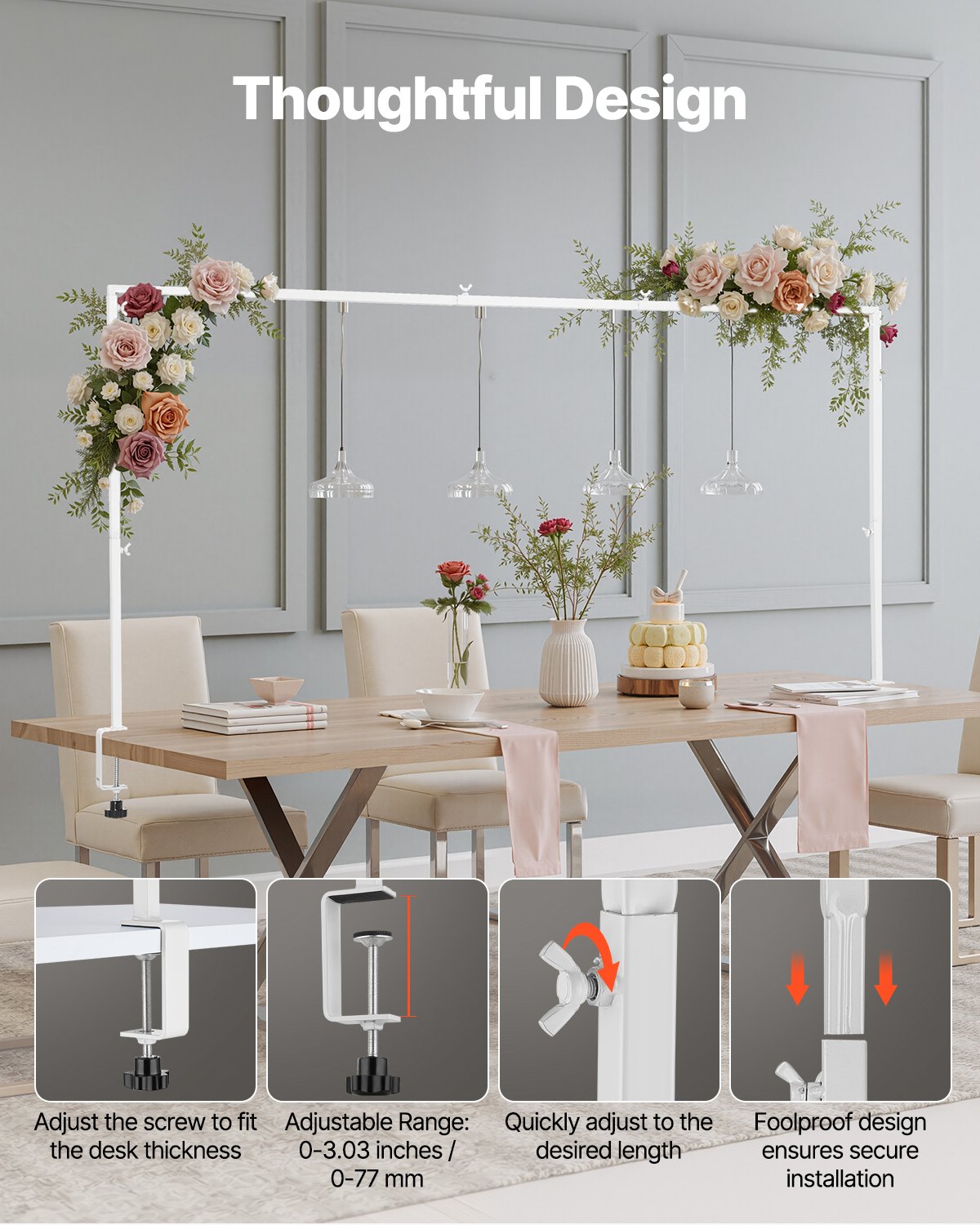 Over The Table Rod Stand with Clamps, 13"-42'' Tall & 28"-98" Length Adjustable, Metal Table Arch Stand, Tabletop Balloon Arch Frame for Wedding Birthday Party Christmas Decorations, White