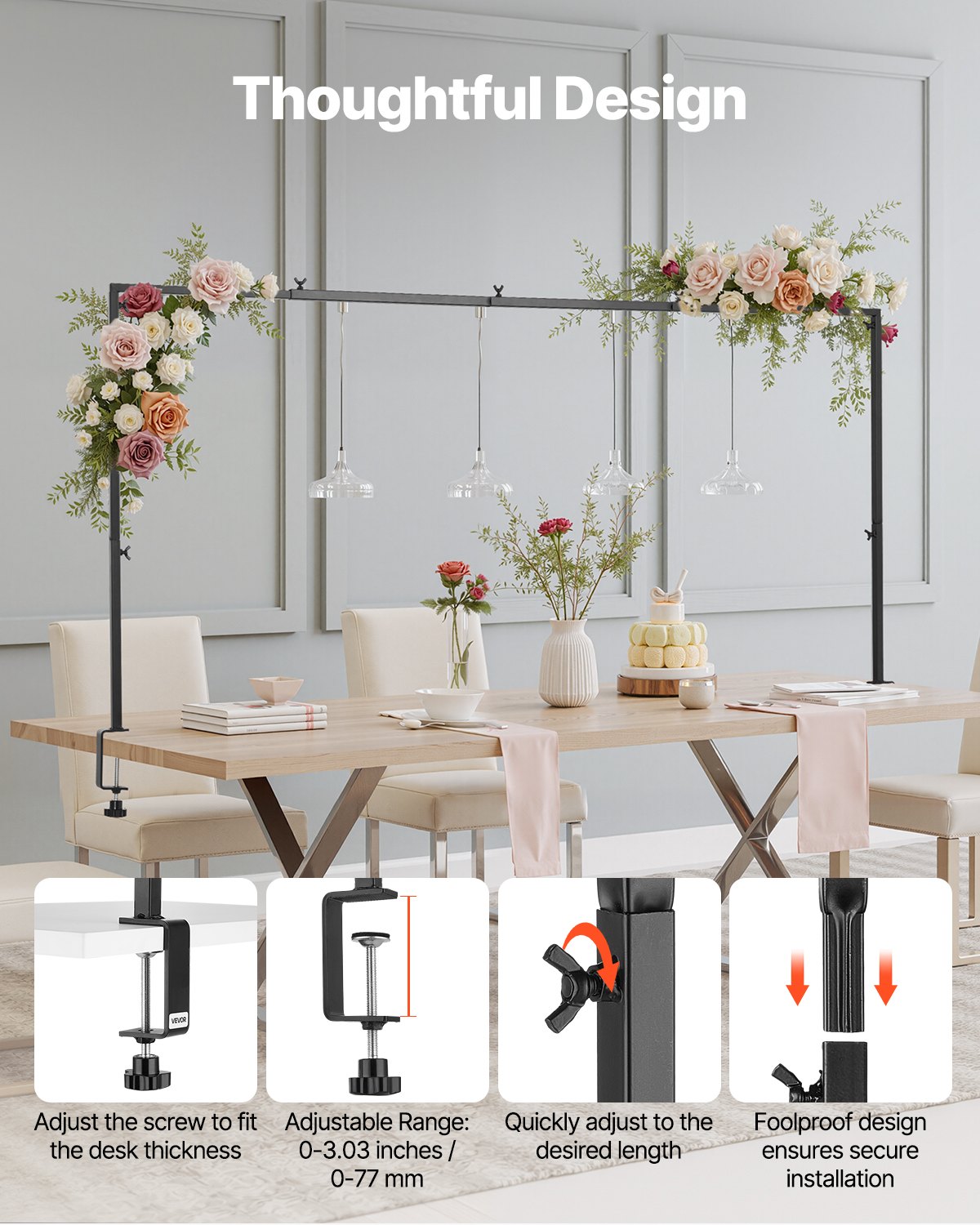 Over The Table Rod Stand with Clamps, 13"-42" Tall & 28"-98" Length Adjustable, Metal Table Arch Stand, Tabletop Balloon Arch Frame for Wedding Birthday Party Christmas Decorations, Black