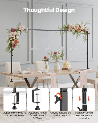 Over The Table Rod Stand with Clamps, 13"-42" Tall & 28"-98" Length Adjustable, Metal Table Arch Stand, Tabletop Balloon Arch Frame for Wedding Birthday Party Christmas Decorations, Black