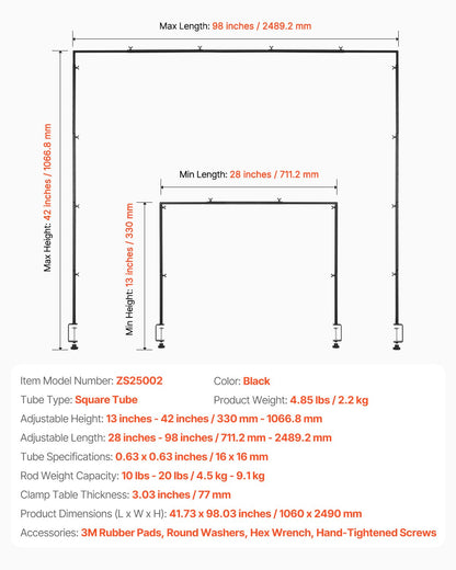Over The Table Rod Stand with Clamps, 13"-42" Tall & 28"-98" Length Adjustable, Metal Table Arch Stand, Tabletop Balloon Arch Frame for Wedding Birthday Party Christmas Decorations, Black