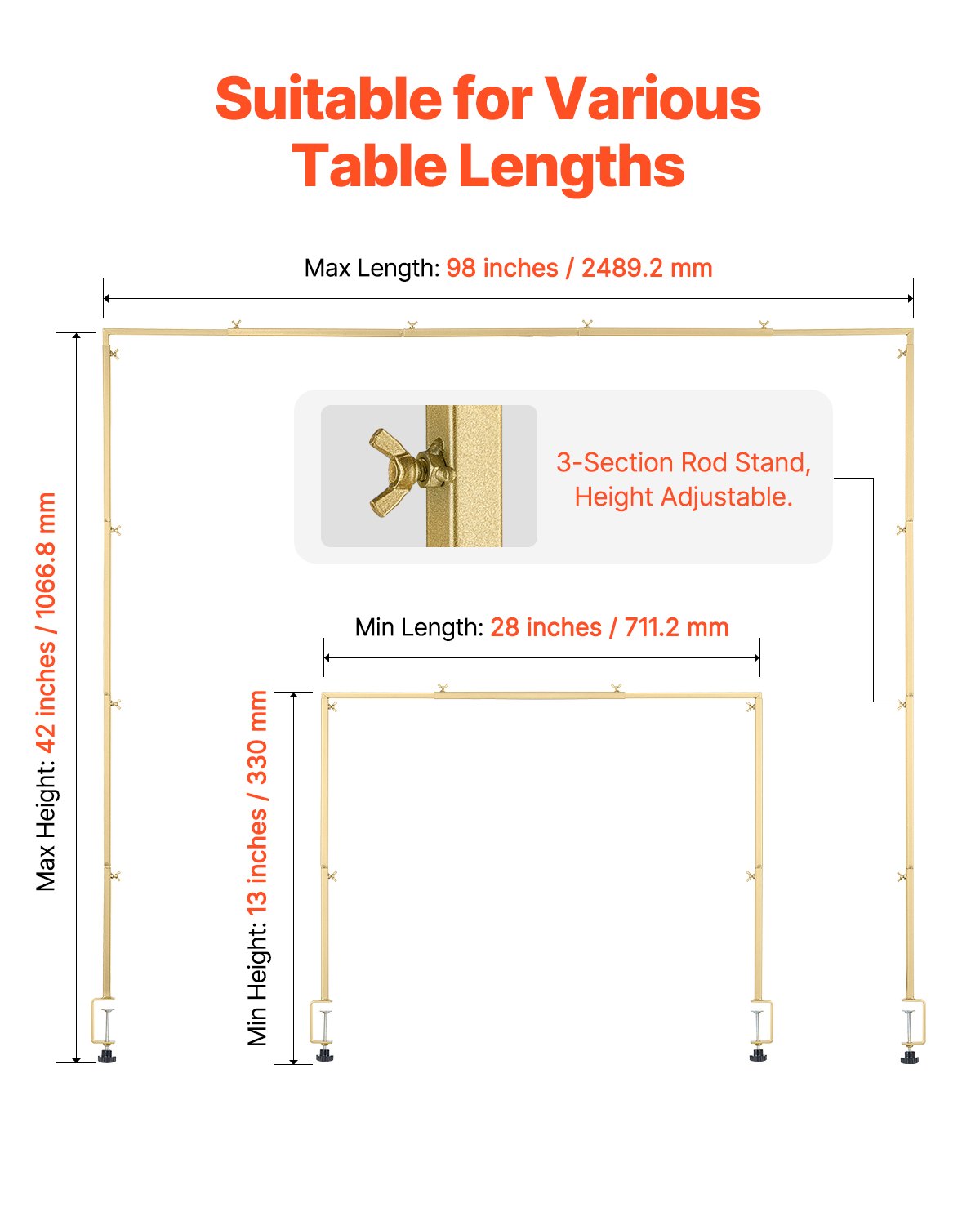 Over The Table Rod Stand with Clamps, 13"-42" Tall & 28"-98" Length Adjustable, Metal Table Arch Stand, Tabletop Balloon Arch Frame for Wedding Birthday Party Christmas Decorations, Gold