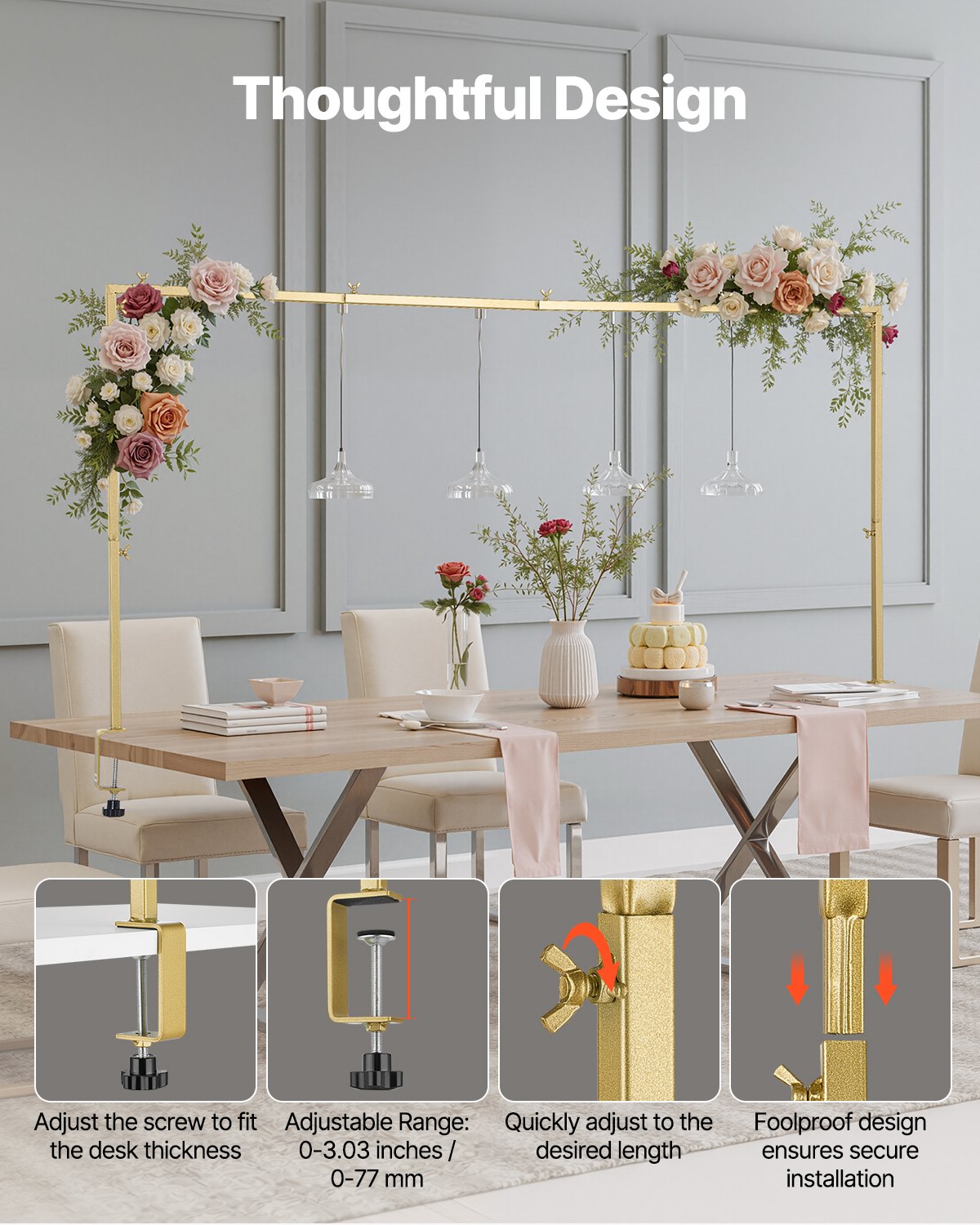 Over The Table Rod Stand with Clamps, 13"-42" Tall & 28"-98" Length Adjustable, Metal Table Arch Stand, Tabletop Balloon Arch Frame for Wedding Birthday Party Christmas Decorations, Gold