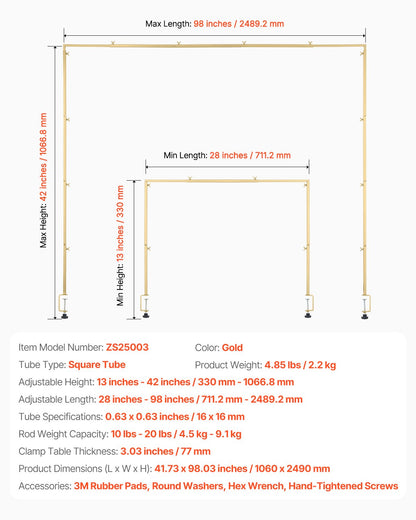 Over The Table Rod Stand with Clamps, 13"-42" Tall & 28"-98" Length Adjustable, Metal Table Arch Stand, Tabletop Balloon Arch Frame for Wedding Birthday Party Christmas Decorations, Gold