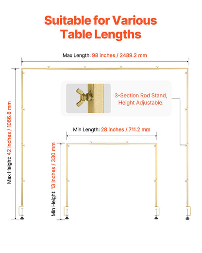 Over The Table Rod Stand with Clamps, 13"-42" Tall & 28"-98" Length Adjustable, Metal Table Arch Stand with Rattan, Tabletop Balloon Arch Frame for Wedding Birthday Christmas Decorations, Gold