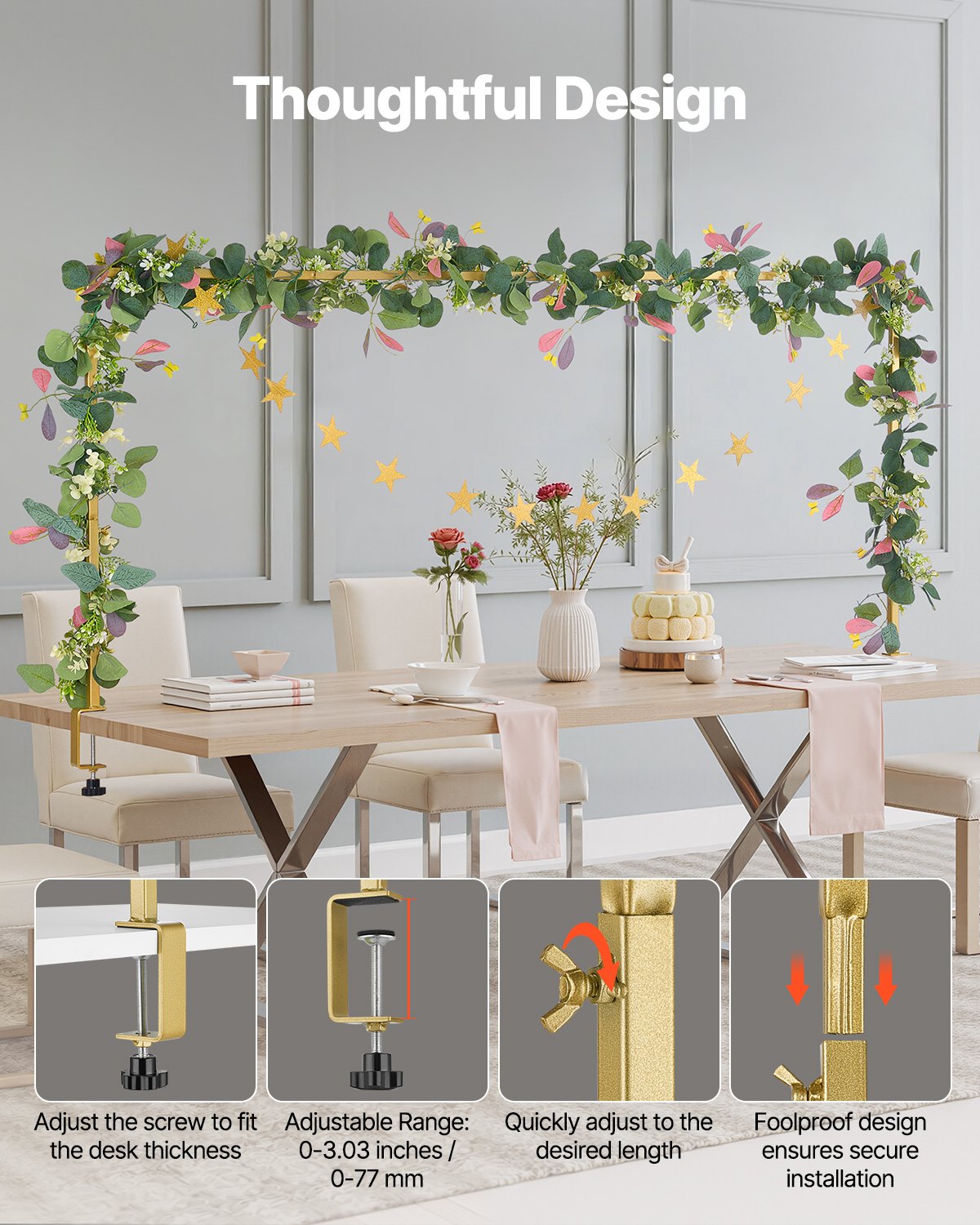 Over The Table Rod Stand with Clamps, 13"-42" Tall & 28"-98" Length Adjustable, Metal Table Arch Stand with Rattan, Tabletop Balloon Arch Frame for Wedding Birthday Christmas Decorations, Gold